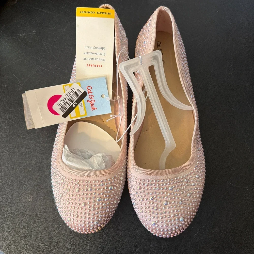 Cat and Jack Girls Sparkle Rhinestone Ballet Flats Pink Size 5 Feminine Party‎